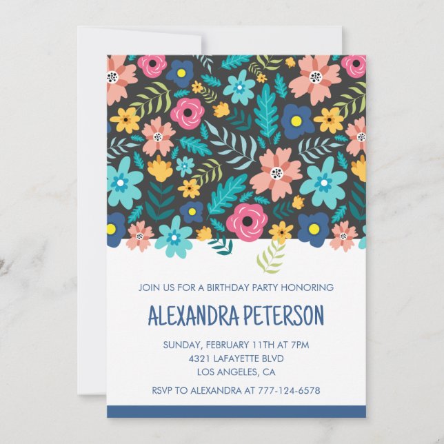 63rd birthday invitations Floral Pattern Navy blue (Front)