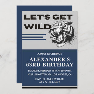 63rd birthday invitations Men Tiger Let's Get Wild