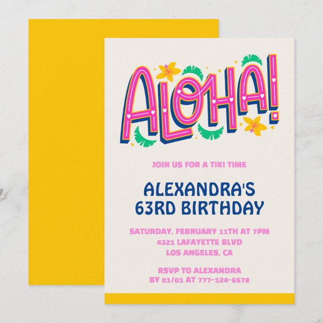 63rd birthday invitations Tropical Aloha Hawaii (Front/Back)