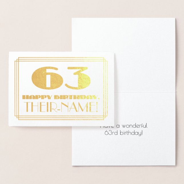 63rd Birthday; Name + Art Deco Inspired Look "63" Foil Card (Display)