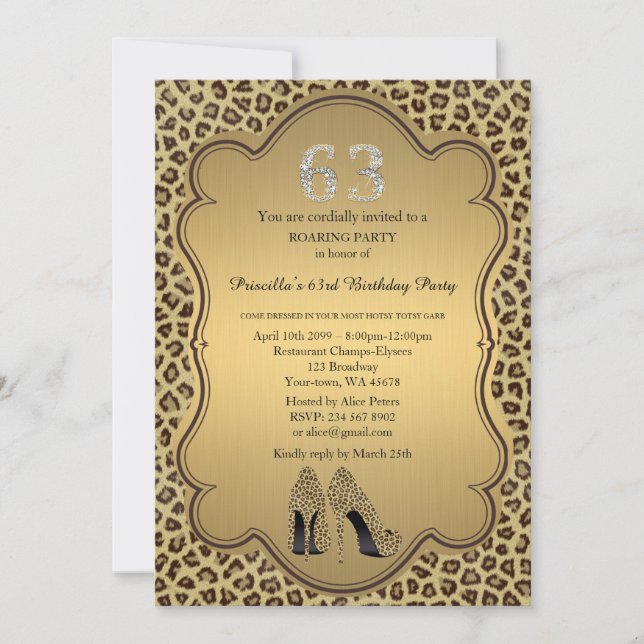 63rd,Birthday Party 63rd,Cheetah High Heels Shoes Invitation (Front)