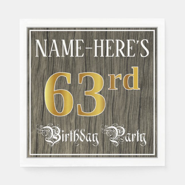 63rd Birthday Party — Faux Gold & Faux Wood Looks Napkin (Front)