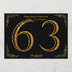 63rd Birthday party,Gatsby styl,black gold glitter Invitation