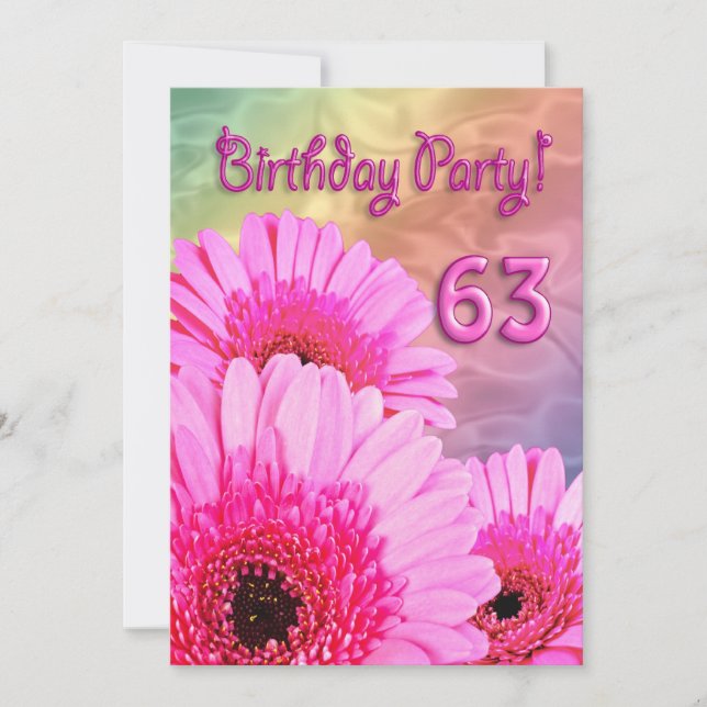 63rd Birthday party invitation with pink flowers (Front)