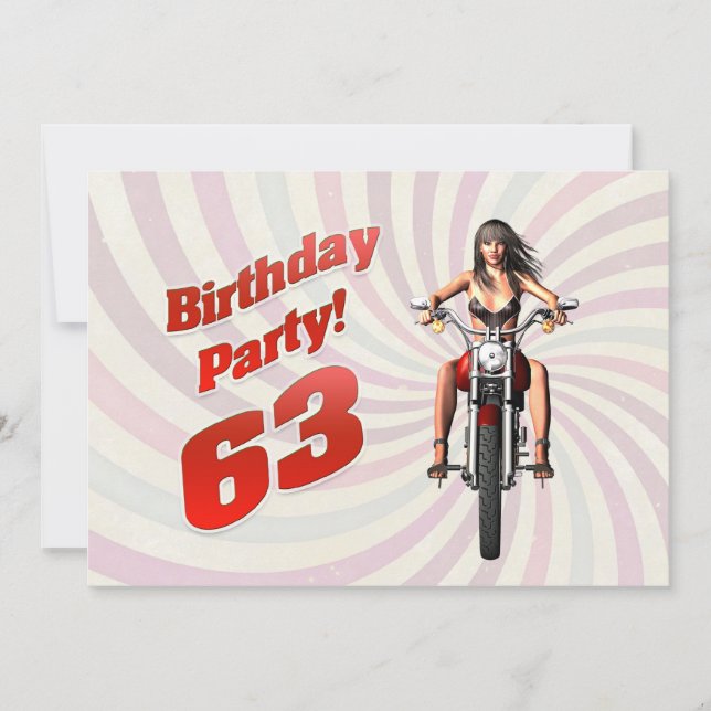 63rd birthday party with a girl on a motorbike invitation (Front)
