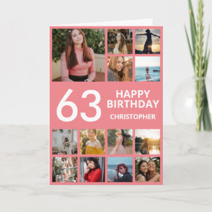 63rd Birthday Photo Collage 13 Photos Pink & White Card