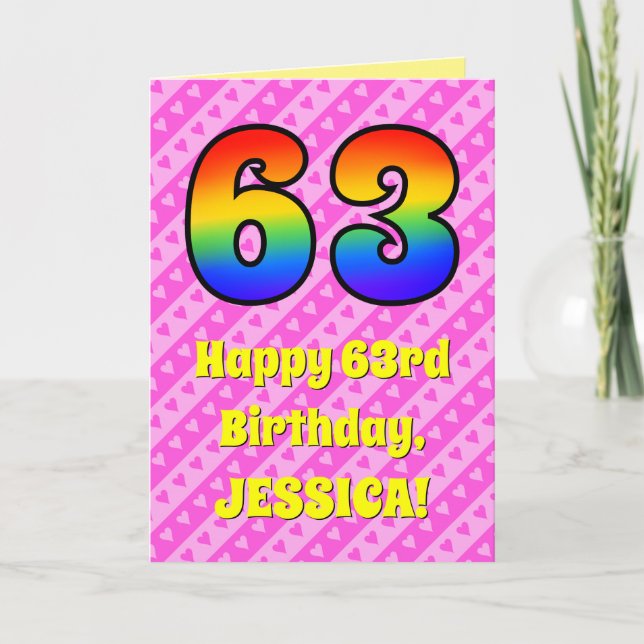 63rd Birthday: Pink Stripes & Hearts, Rainbow # 63 Card (Front)
