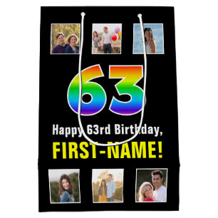 63rd Birthday: Rainbow “63“, Custom Photos & Name Medium Gift Bag