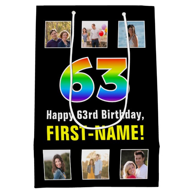 63rd Birthday: Rainbow “63“, Custom Photos & Name Medium Gift Bag (Back)