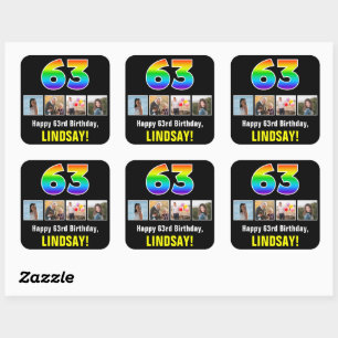 63rd Birthday: Rainbow “63”; Custom Photos & Name Square Sticker