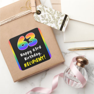 63rd Birthday: Rainbow Spectrum # 63, Custom Name Square Sticker