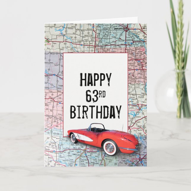 63rd Birthday Retro Corvette on Map Card (Front)