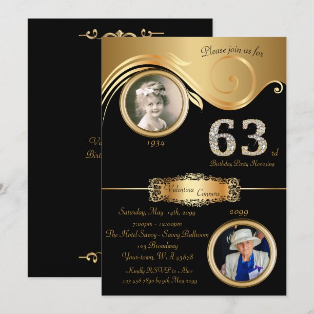 63rd,Birthday Woman 63rd,elegant art deco,black Invitation (Front/Back)