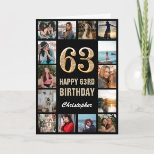63rd Happy Birthday Black and Gold Photo Collage Card