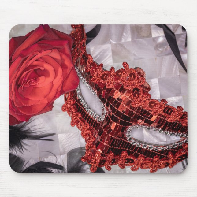 6439-Red Rose with Red Masquerade Mask Mouse Mat (Front)