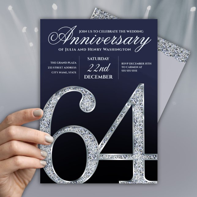 64th Anniversary Diamond Silver Navy Blue Modern Invitation (Creator Uploaded)