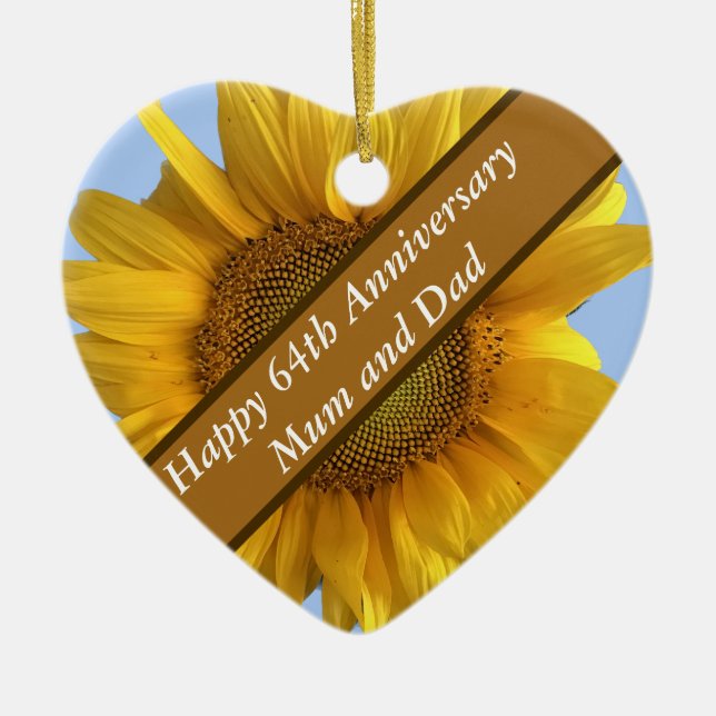 64th Anniversary Sunflower Heart Shaped Ceramic Tree Decoration (Front)
