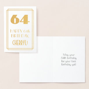 64th Birthday: Art Deco Inspired Look "64" & Name Foil Card