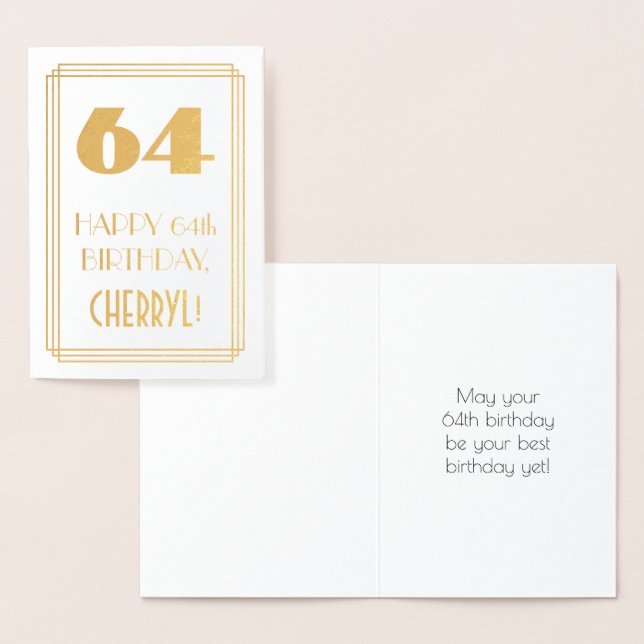 64th Birthday: Art Deco Inspired Look "64" & Name Foil Card (Display)
