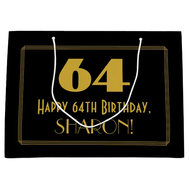 64th Birthday — Art Deco Inspired Look "64" & Name Large Gift Bag (Front)