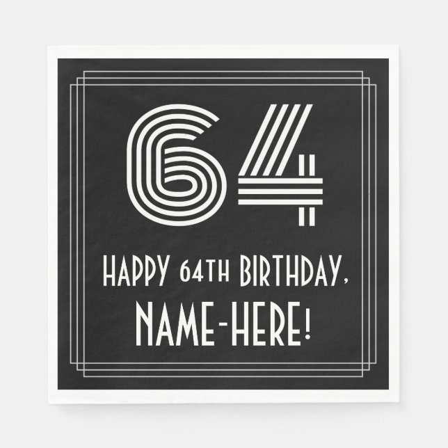 64th Birthday: Art Deco Inspired Look "64" + Name Napkin (Front)