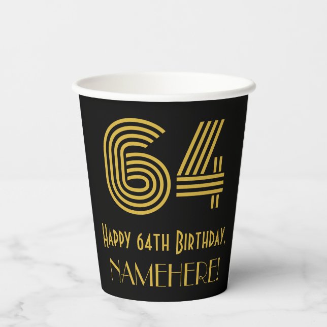 64th Birthday: Art Deco Inspired Look “64” & Name Paper Cups (Back)