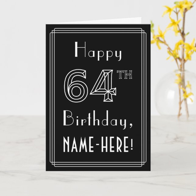 64th Birthday: Art Deco Style # 64 & Custom Name Card (Yellow Flower)