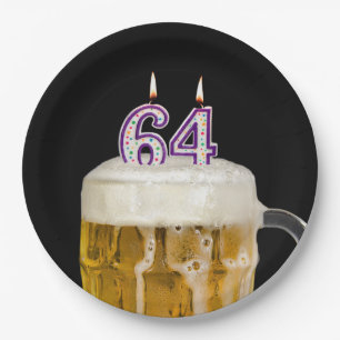 64th Birthday Beer on black Paper Plate