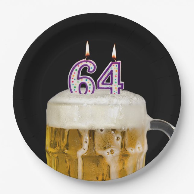 64th Birthday Beer on black Paper Plate (Front)