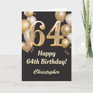64th Birthday Black and Gold Balloons Confetti Card