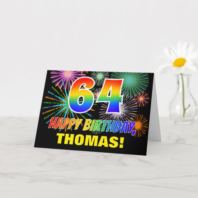 64th Birthday: Bold, Fun, Fireworks, Rainbow 64 Card (Small Plant)
