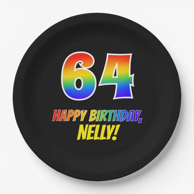 64th Birthday: Bold, Fun, Simple, Rainbow 64 Paper Plate (Front)