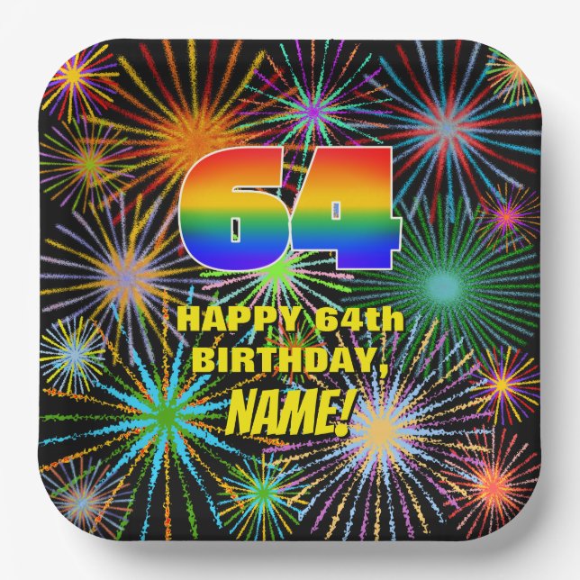 64th Birthday: Colourful, Fun Celebratory Firework Paper Plate (Front)