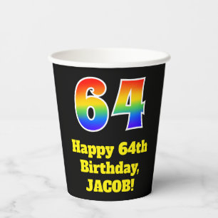 64th Birthday: Colourful, Fun, Exciting, Rainbow 6 Paper Cups