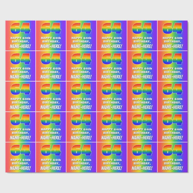 64th Birthday: Colourful, Fun Rainbow Pattern # 64 Wrapping Paper (Seam)