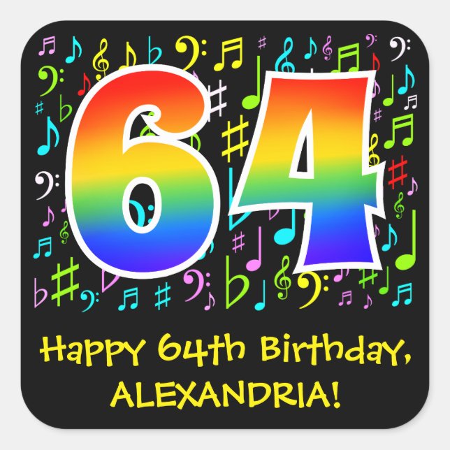 64th Birthday: Colourful Music Symbols, Rainbow 64 Square Sticker (Front)
