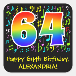 64th Birthday: Colourful Music Symbols, Rainbow 64 Square Sticker