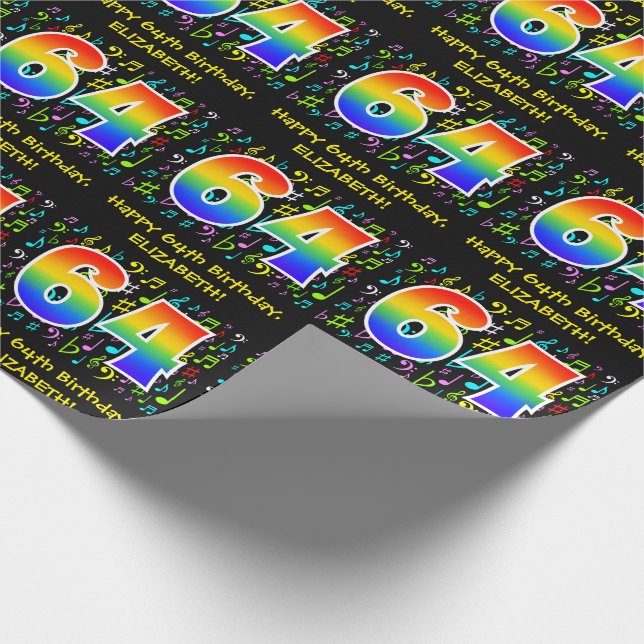 64th Birthday: Colourful Music Symbols, Rainbow 64 Wrapping Paper (Corner)