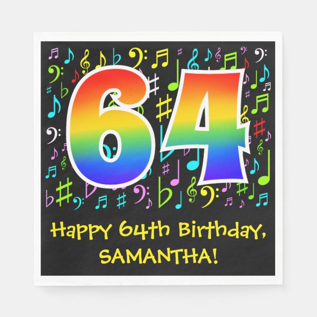 64th Birthday - Colourful Music Symbols, Rainbow 6 Napkin (Front)