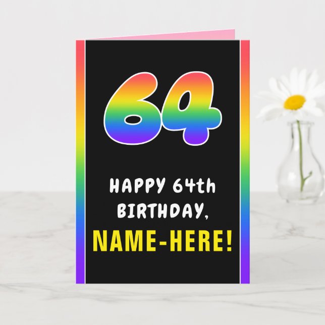 64th Birthday: Colourful Rainbow # 64, Custom Name Card (Small Plant)
