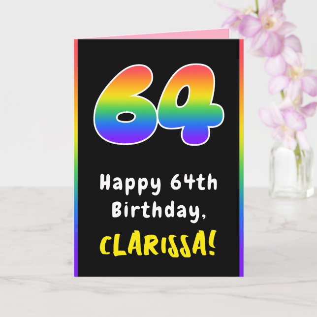 64th Birthday: Colourful Rainbow # 64, Custom Name Card (Orchid)