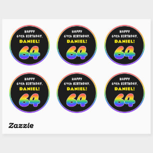 64th Birthday: Colourful Rainbow # 64, Custom Name Classic Round Sticker