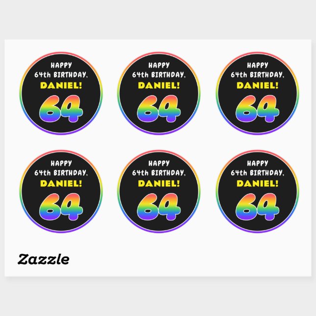 64th Birthday: Colourful Rainbow # 64, Custom Name Classic Round Sticker (Sheet)