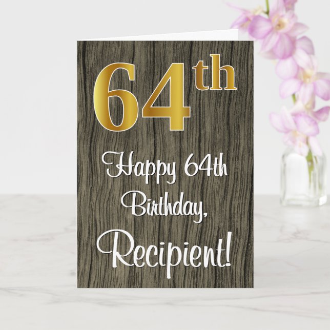 64th Birthday: Elegant Faux Gold Look #, Faux Wood Card (Orchid)