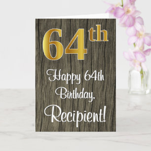 64th Birthday: Elegant Faux Gold Look #, Faux Wood Card