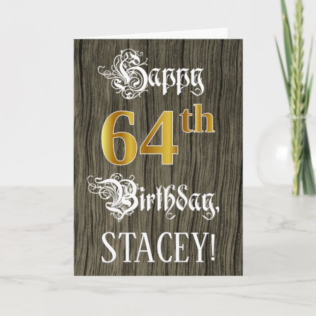64th Birthday: Faux Gold Look + Faux Wood Pattern Card (Front)