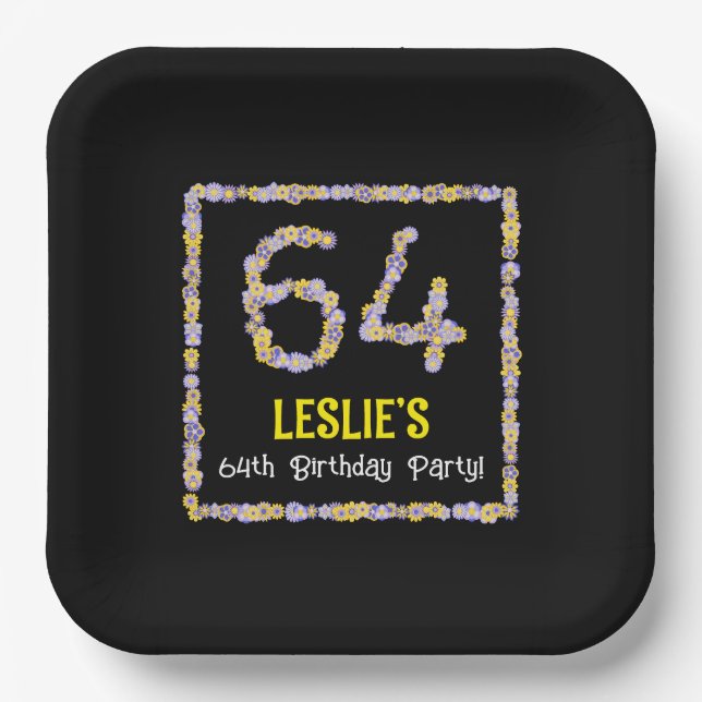 64th Birthday: Floral Flowers Number, Custom Name Paper Plate (Front)