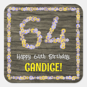 64th Birthday: Floral Number, Faux Wood Look, Name Square Sticker