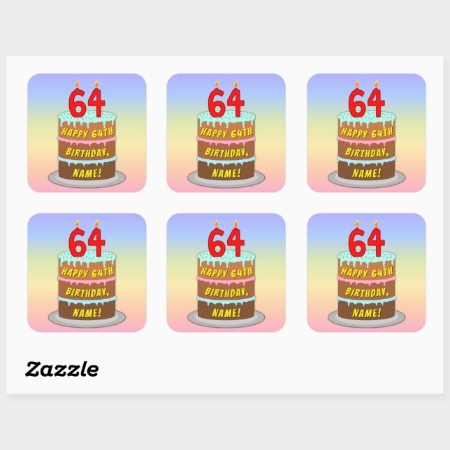 64th Birthday: Fun Cake and Candles + Custom Name Square Sticker (Sheet)