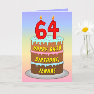64th Birthday — Fun Cake & Candles, w/ Custom Name Card